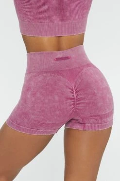 Ruched Bum Mini Shorts In Dark Pink -Core Fit Shop BT0414 3 Ride Dark Pink Ribbed Acid Wash Short