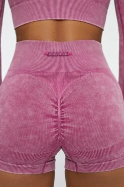 Ruched Bum Mini Shorts In Dark Pink -Core Fit Shop BT0414 5 Ride Dark Pink Ribbed Acid Wash Short