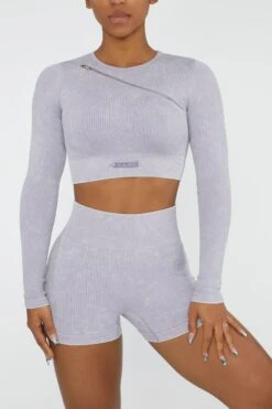 Long Sleeve High Neck Zip Crop Top In Lilac -Core Fit Shop BT0415 1 Agile Lilac Ribbed Acid Wash Long Sleeve Crop Top