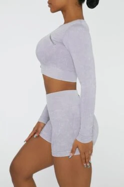 Long Sleeve High Neck Zip Crop Top In Lilac -Core Fit Shop BT0415 2 Agile Lilac Ribbed Acid Wash Long Sleeve Crop Top