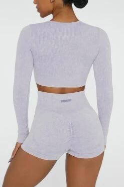 Long Sleeve High Neck Zip Crop Top In Lilac -Core Fit Shop BT0415 3 Agile Lilac Ribbed Acid Wash Long Sleeve Crop Top