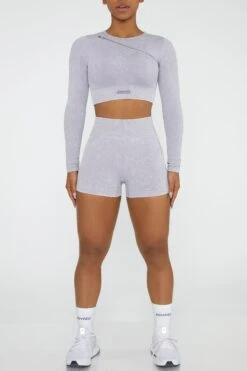 Long Sleeve High Neck Zip Crop Top In Lilac -Core Fit Shop BT0415 5 Agile Lilac Ribbed Acid Wash Long Sleeve Crop Top