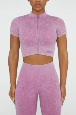Short Sleeve Zip Crop Top In Pink -Core Fit Shop BT0417 2 Chase Pink Cuff Sleeve Zip Up Crop Top
