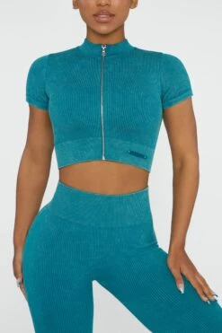 Short Sleeve Zip Crop Top In Teal -Core Fit Shop BT0417 2 Chase Teal Cuff Sleeve Zip Up Crop Top