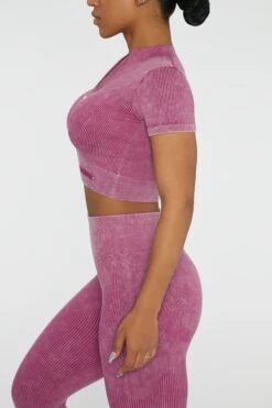 Short Sleeve Zip Crop Top In Dark Pink -Core Fit Shop BT0417 3 Chase Dark Pink Cuff Sleeve Zip Up Crop Top