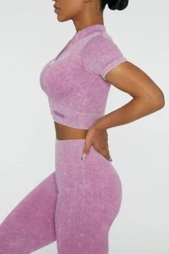 Short Sleeve Zip Crop Top In Pink -Core Fit Shop BT0417 3 Chase Pink Cuff Sleeve Zip Up Crop Top