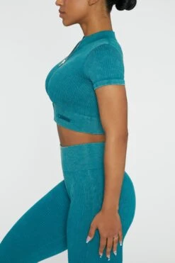 Short Sleeve Zip Crop Top In Teal -Core Fit Shop BT0417 3 Chase Teal Cuff Sleeve Zip Up Crop Top