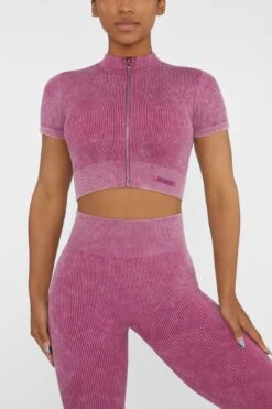 Short Sleeve Zip Crop Top In Dark Pink -Core Fit Shop BT0417 4 Chase Dark Pink Cuff Sleeve Zip Up Crop Top