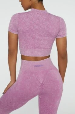 Short Sleeve Zip Crop Top In Pink -Core Fit Shop BT0417 4 Chase Pink Cuff Sleeve Zip Up Crop Top