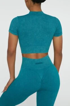 Short Sleeve Zip Crop Top In Teal -Core Fit Shop BT0417 4 Chase Teal Cuff Sleeve Zip Up Crop Top
