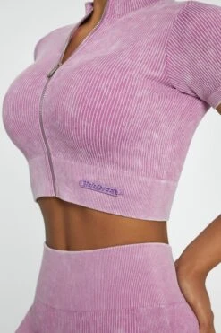 Short Sleeve Zip Crop Top In Pink -Core Fit Shop BT0417 5 Chase Pink Cuff Sleeve Zip Up Crop Top