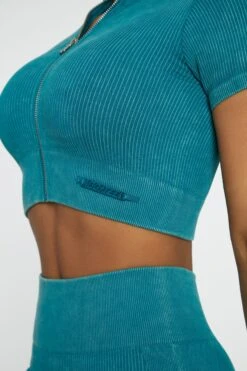 Short Sleeve Zip Crop Top In Teal -Core Fit Shop BT0417 5 Chase Teal Cuff Sleeve Zip Up Crop Top