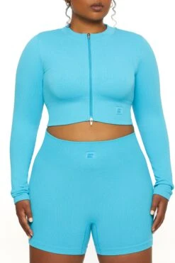 Long Sleeve Zip Crop Top In Blue 26 Long Sleeve Zip Crop Top In Blue -Core Fit Shop BT0448 1 All The Way Blue Long Sleeve Inverse Zip Crop Top