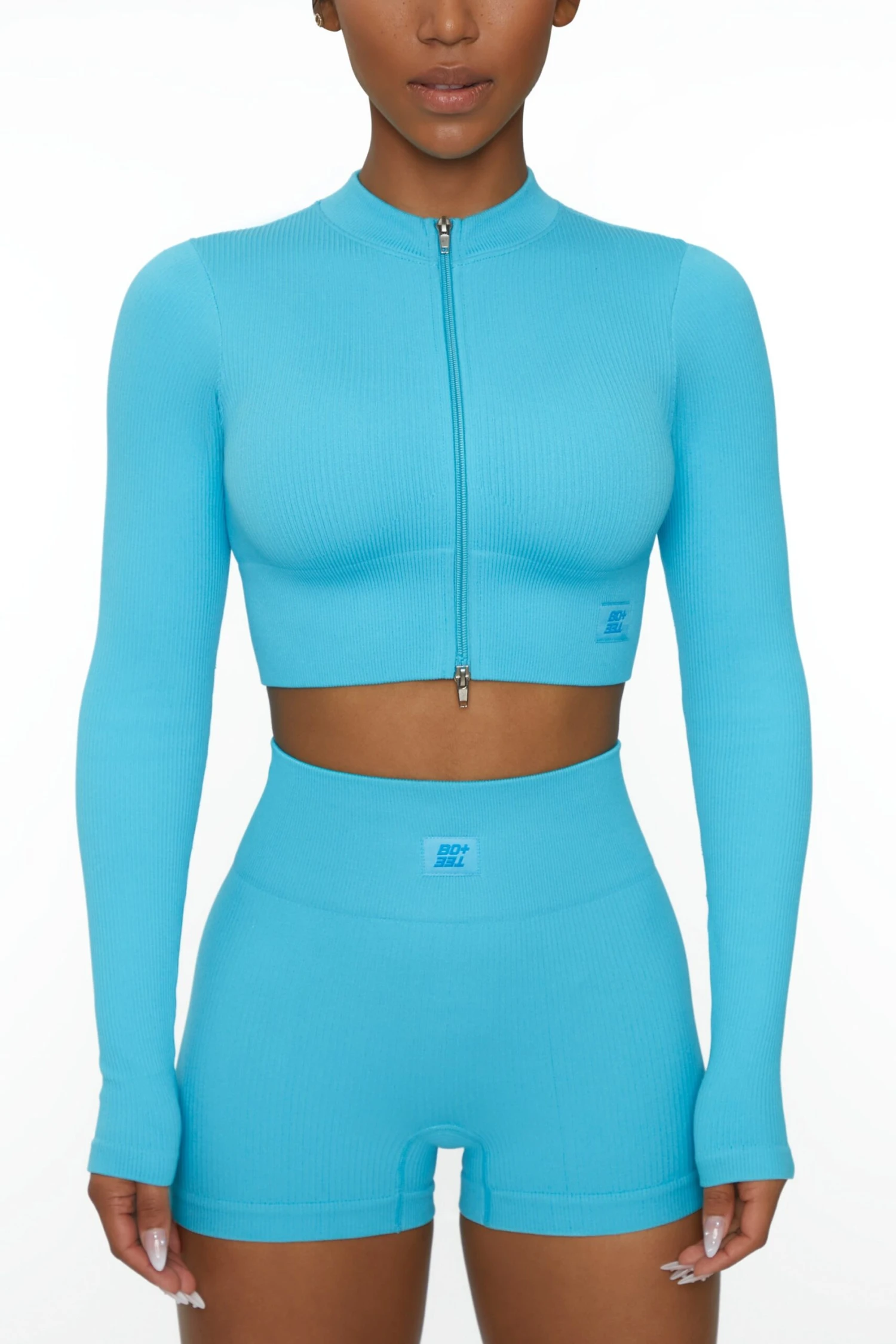 Long Sleeve Zip Crop Top In Blue 6 Long Sleeve Zip Crop Top In Blue - Image 4