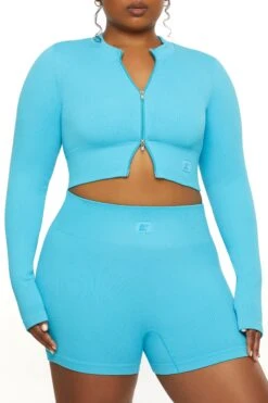 Long Sleeve Zip Crop Top In Blue 25 Long Sleeve Zip Crop Top In Blue -Core Fit Shop BT0448 2 All The Way Blue Long Sleeve Inverse Zip Crop Top