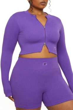 Long Sleeve Zip Crop Top In Purple -Core Fit Shop BT0448 2 All The Way Purple Long Sleeve Inverse Zip Crop Topcopy