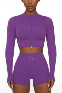 Long Sleeve Zip Crop Top In Purple -Core Fit Shop BT0448 2 All The Way Purple Long Sleeve Inverse Zip 1