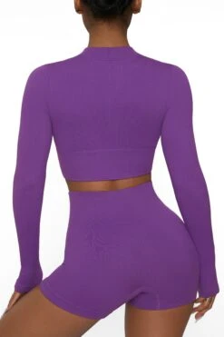 Long Sleeve Zip Crop Top In Purple -Core Fit Shop BT0448 3 All The Way Purple Long Sleeve Inverse Zip 1