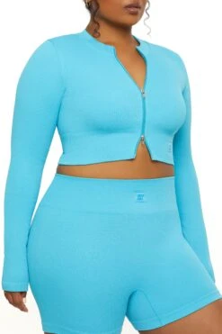 Long Sleeve Zip Crop Top In Blue 23 Long Sleeve Zip Crop Top In Blue -Core Fit Shop BT0448 5 All The Way Blue Long Sleeve Inverse Zip Crop Top