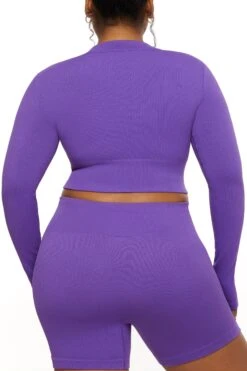 Long Sleeve Zip Crop Top In Purple -Core Fit Shop BT0448 5 All The Way Purple Long Sleeve Inverse Zip Crop Topcopy
