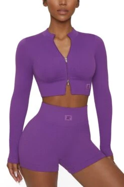 Long Sleeve Zip Crop Top In Purple -Core Fit Shop BT0448 5 All The Way Purple Long Sleeve Inverse Zip 1