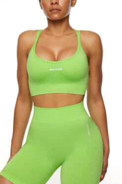 Seamless Strappy Sports Bra In Green 16 Seamless Strappy Sports Bra In Green -Core Fit Shop BT0462 2 Green Halter Sports Bra