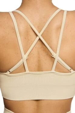 Seamless Strappy Sports Bra In Beige -Core Fit Shop BT0462 3 Streamline Beige Halter Sports Bra