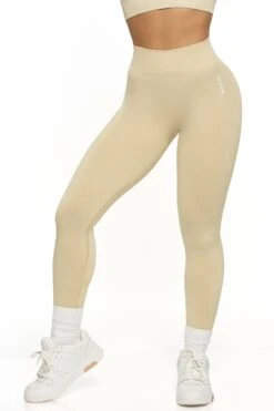 High Waist Seamless Leggings In Beige -Core Fit Shop BT0466 3 Beige High Waisted Sports Leggings