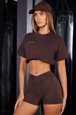 Short Sleeve Cropped T-Shirt In Brown -Core Fit Shop BT0478 BT0629 3 Influential Brown Cropped T Shirt Supreme Mini Shorts