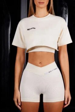 High Waist Cross Over Ribbed Mini Shorts In Ivory -Core Fit Shop BT0478 BT0629 6 Influential Supreme Ivory Crop T shirt Mini Shorts