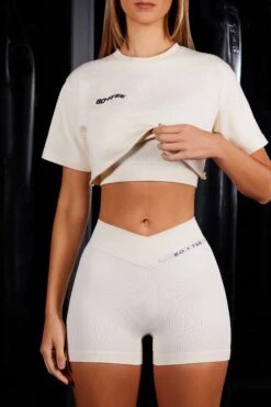 High Waist Cross Over Ribbed Mini Shorts In Ivory -Core Fit Shop BT0478 BT0629 7 Influential Supreme Ivory Crop T shirt Mini Shorts