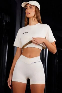 High Waist Cross Over Ribbed Mini Shorts In Ivory -Core Fit Shop BT0478 BT0629 8 Influential Supreme Ivory Crop T shirt Mini Shorts