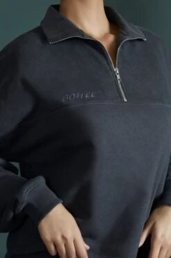 Oversized Half Zip Sweatshirt In Black -Core Fit Shop BT0482 5 Black Cropped Half Zip Swetshirt