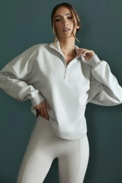 Oversized Half Zip Sweatshirt In Grey -Core Fit Shop BT0482 5 Grey Cropped Half Zip Swetshirt