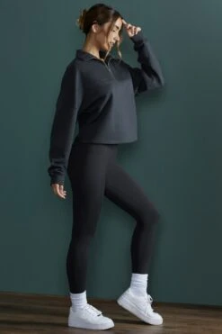 Oversized Half Zip Sweatshirt In Black -Core Fit Shop BT0482 6 Black Cropped Half Zip Swetshirt