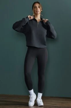 Oversized Half Zip Sweatshirt In Black -Core Fit Shop BT0482 8 Black Cropped Half Zip Swetshirt