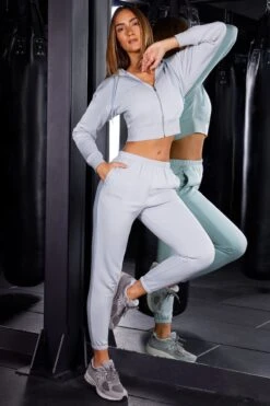 Zip Up Cropped Hooded Jacket In Grey -Core Fit Shop BT0489 BT0490 5 Grey Cropped Jacket Joggers