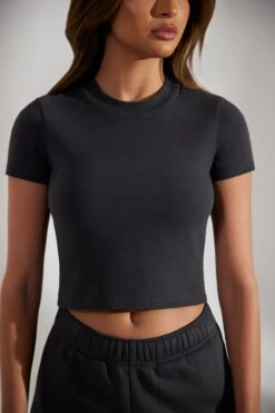 Cap Sleeve Baby Tee In Washed Black -Core Fit Shop BT0505 1 Essence Washed Black Cap Sleeve Boyfriend Tee T Shirt