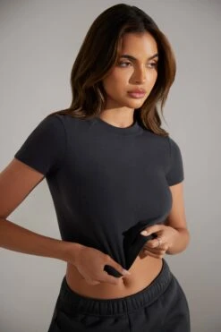 Cap Sleeve Baby Tee In Washed Black -Core Fit Shop BT0505 5 Essence Washed Black Cap Sleeve Boyfriend Tee T Shirt