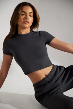 Cap Sleeve Baby Tee In Washed Black -Core Fit Shop BT0505 8 Essence Washed Black Cap Sleeve Boyfriend Tee T Shirt