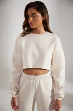 Cropped Oversized Sweatshirt In Heather Oat -Core Fit Shop BT0509 1 Fundamental Oat Cropped Crew Neck Sweatshirt