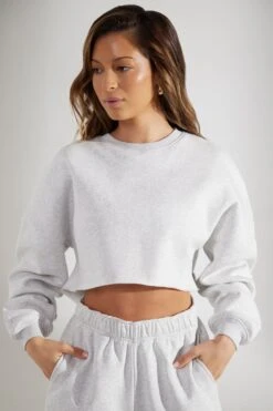 Cropped Oversized Sweatshirt In Heather Grey -Core Fit Shop BT0509 1 Marled Grey Cropped Crew Neck Sweatshirt