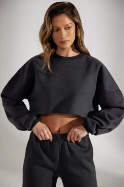 Cropped Oversized Sweatshirt In Washed Black -Core Fit Shop BT0509 1 Washed Black Cropped Crew Neck Sweatshirt