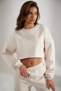 Cropped Oversized Sweatshirt In Heather Oat -Core Fit Shop BT0509 2 Fundamental Oat Cropped Crew Neck Sweatshirt