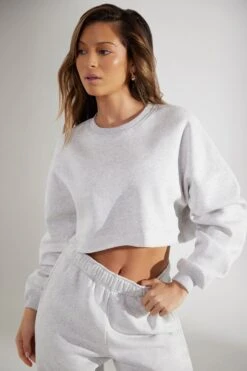 Cropped Oversized Sweatshirt In Heather Grey -Core Fit Shop BT0509 3 Marled Grey Cropped Crew Neck Sweatshirt