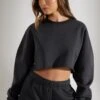 Cropped Oversized Sweatshirt In Washed Black -Core Fit Shop BT0509 3 Washed Black Cropped Crew Neck Sweatshirt