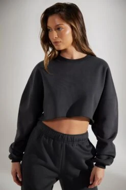 Cropped Oversized Sweatshirt In Washed Black