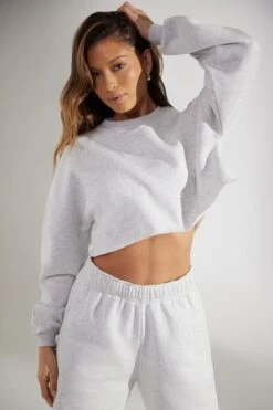Cropped Oversized Sweatshirt In Heather Grey -Core Fit Shop BT0509 4 Marled Grey Cropped Crew Neck Sweatshirt