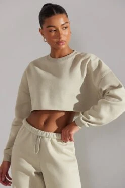 Cropped Oversized Sweatshirt In Limestone 12 Cropped Oversized Sweatshirt In Limestone -Core Fit Shop BT0509 4 Marled Limestone Cropped Crew Neck Sweatshirt