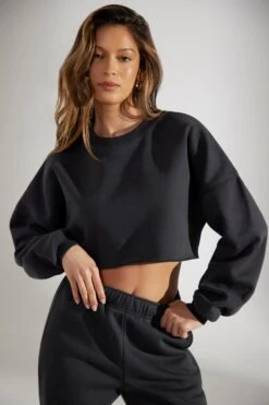 Cropped Oversized Sweatshirt In Washed Black -Core Fit Shop BT0509 4 Washed Black Cropped Crew Neck Sweatshirt